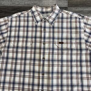 Carhartt Cream Tan Plaid Mens XL Button‎ Up Short Sleeve Work Shirt Workwear
